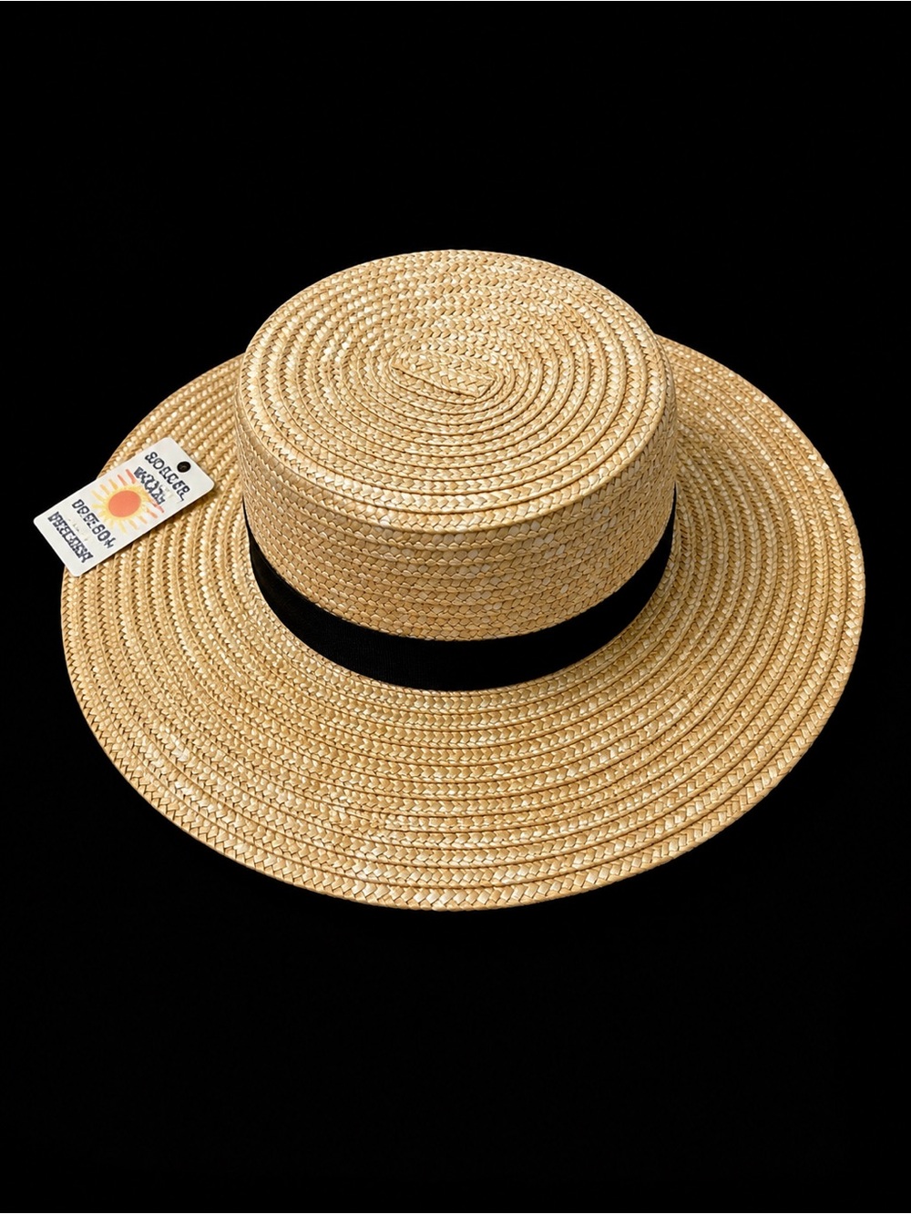 Wide Brim Straw Boater Hat with Black Band - Unbranded